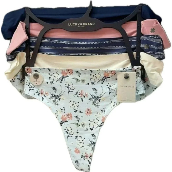 Lucky Brand L Navy-Pink-Cream Array Bonded Seams Ultralight Thong Panties-5 Pk - Picture 2 of 4